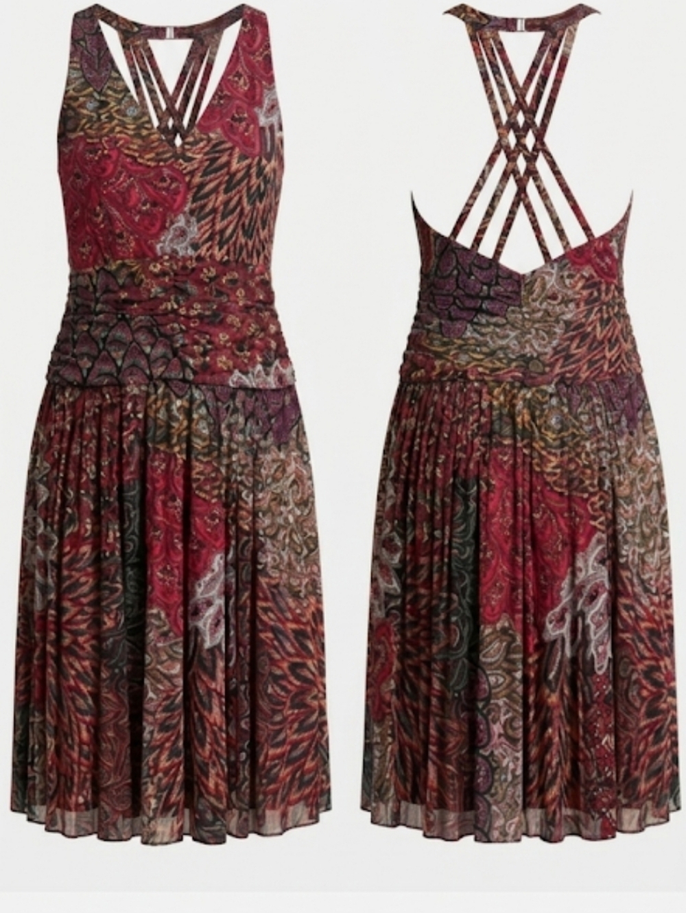 Jade Sleeveless Paisley Midi Dress Razorback Straps Pink & Black Pleated Skirt